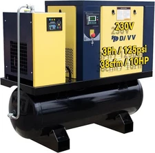 230V 3 Ph 10HP Rotary Screw Air Compressor W/80 Gallon Tank +Air Dryer 39cfm