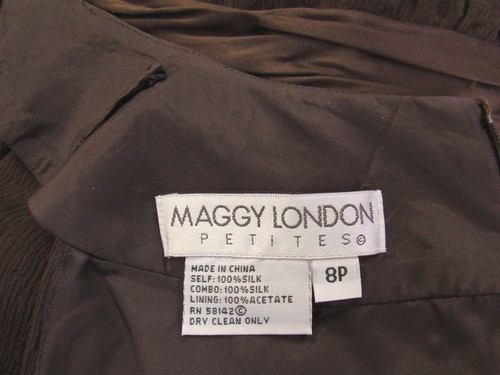 ABITO VINTAGE ANNI 80 90 MAGGY LONDON SETA MARRONE TAGLIA 8 P VOLANT CINTURA FODERATO - Foto 5 di 12