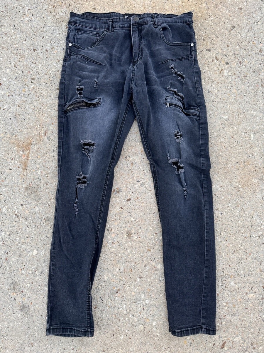 Waimea Skinny Fit Distressed Black Jeans Stretchy Men's 34 x 32