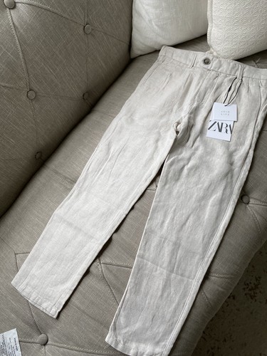 New Zara Boys Linen Habanero Suit Pants Pleat Front Ivory Sand Sz 7 Years - Picture 3 of 11