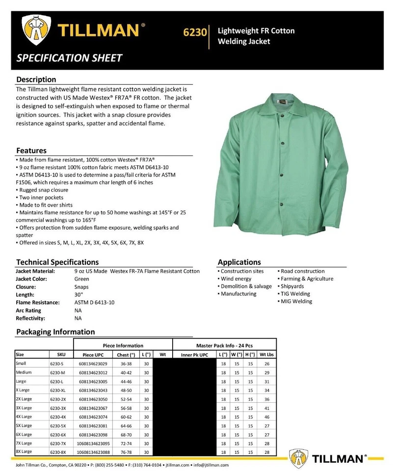 CHAQUETA DE SOLDADURA Tillman 6230 Ligera Antifuego Resistente al Fuego FR Algodón Foto 4 de 4