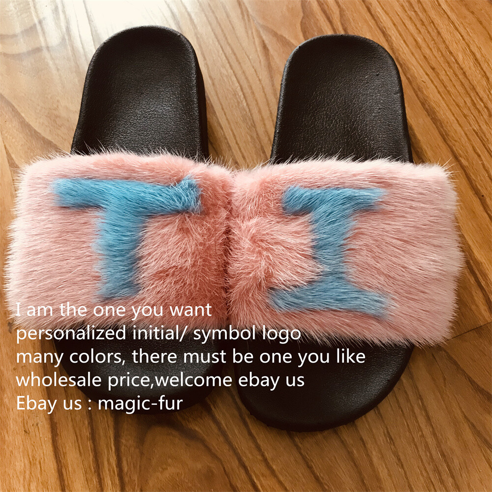 Mink Fur Slippers Slides Fur Personalized Initial Gift for her | eBay