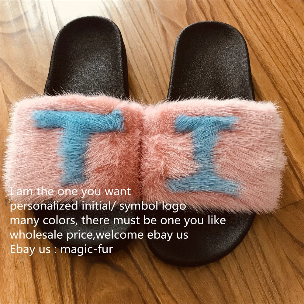 Pink Real Mink Fur Slippers Slides Fur Sandals Personalized Initial Gift  for her