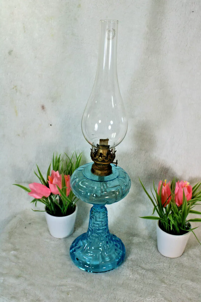 Vintage blue glass oil lamp deals