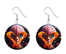 3D Looking Alien Flat Button Earrings Jewelry 1" Dangle MADE IN USA NEW