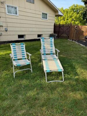 Vintage Mid-Century Aluminum Telescope Tube Wrap Outdoor Folding Chair & Lounge