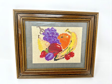 Vintage Handmade Framed Needlepoint Fruit Dark Wood 12.5"x10.5"