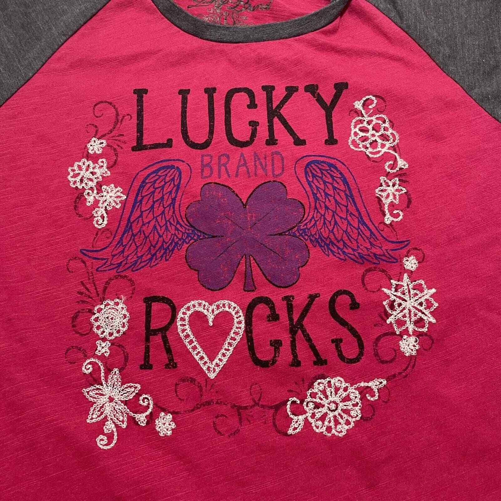 Lucky Brand Live in Love Girl's Large Pink Gray Raglan Sleeve Crewneck Shirt image 5