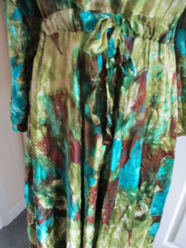 Handmade - Retro blue/green/brown silky feel empire line long dress - Size L - Picture 3 of 8