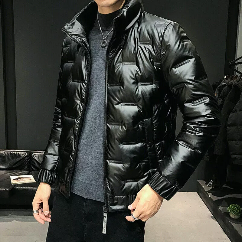 Mens Shiny Wet Look Quilted Duck Down Jacket Zip Up Puffer Blazer