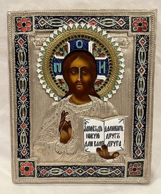 Russian Style Christ Pantocrator Icon Handpainted Silverplated Riza Alexandra In