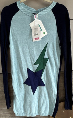Blugirl Folies Light Blue Navy Green Knit Star Lightning Pullover Sweater USA 10