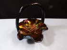Fenton Black Carnival Glass Basket w/ Embossed Roses Interior