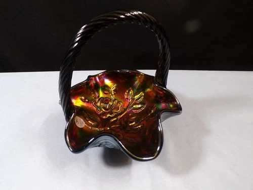 Fenton Black Carnival Glass Basket w/ Embossed Roses Interior