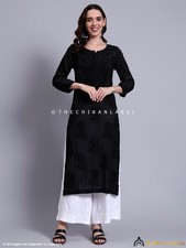 Black Muslin Chikankari Straight Kurta, Lucknowi Chikan Hand-Embroidered Kurti