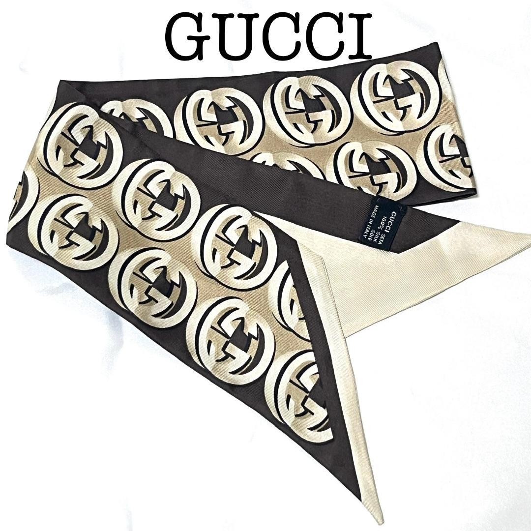Gucci Brown Silk Scarf with Interlocking G Logo Design  
