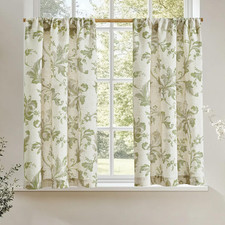 Floral Linen Kitchen Tier Curtains 36 Inch 2 Panels Green on Beige