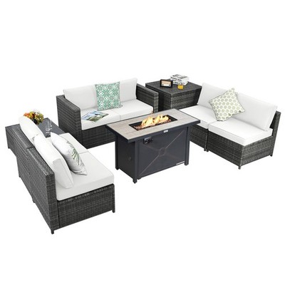 9 PCS Ratio Furniture Set w/42'' Fire Pit Table & Coffee Table & Soft Seats White