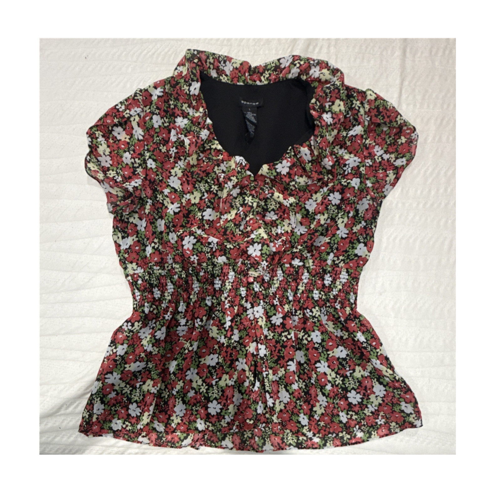 Spense Floral Ruffle V-Neck Short Flutter Sleeve Blouse L, 100% Polyester