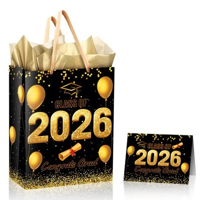 Black Gold Graduation Gift Bag Tissue Paper Greeting Card Class of 2026 Large