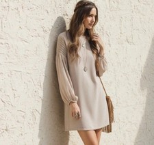 Free People Dress Sz SMALL  Smocked Boho Disco Retro Shift Balloon Sleeve BEIGE