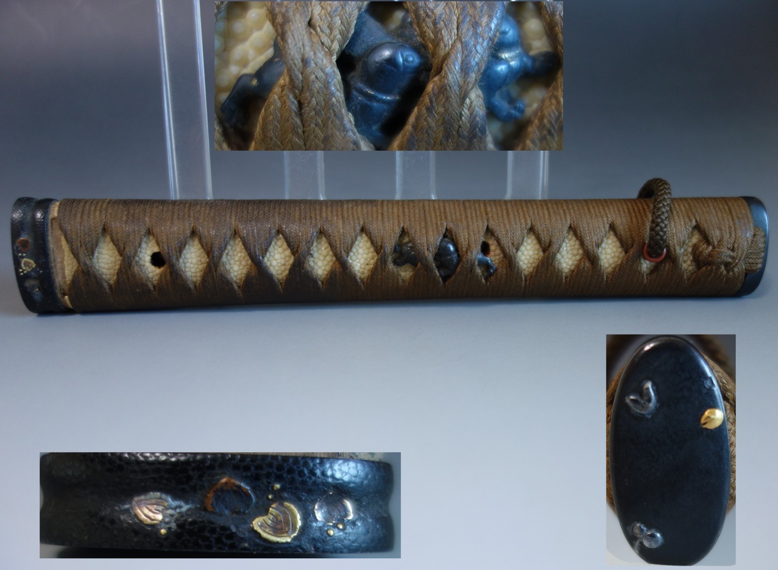 long Tsuka handle hilt dog menuki clam fuchi samurai sword fitting tsuba