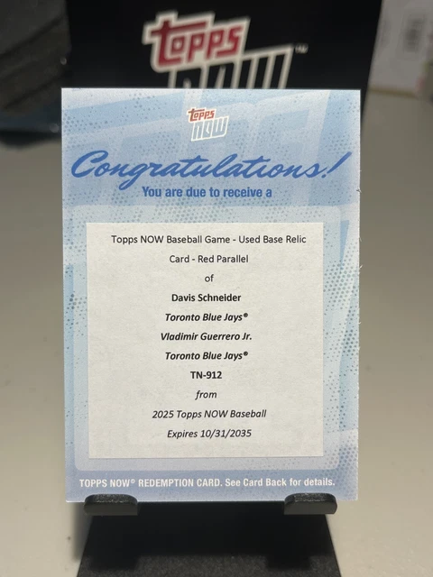 2025 Topps Now 912 Davis Schneider / Vladimir Guerrero Jr. Relic Redemption /5 WS