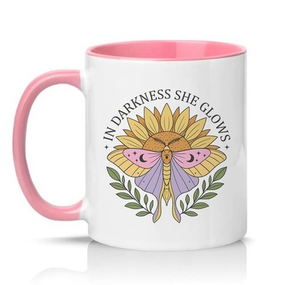 In Darkness She Glows Damen 11 Unzen Keramiktasse Motte Sonnenblume Botanisches Geschenk