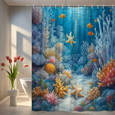 Colorful Underwater Coral Reef Shower Curtain with Fish  Starfish