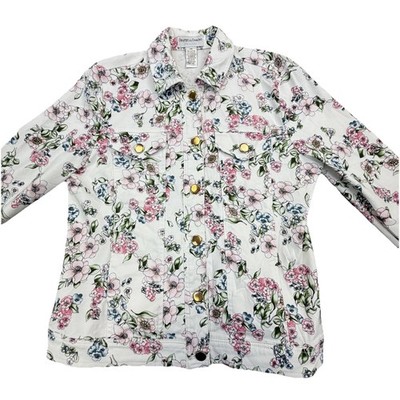 Draper's & Damon's Jacket Womens PS White Floral Denim Snap Front Petite Stretch