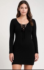 Lulus Women’s M Black Long Sleeve Lace-Up Front Bodycon Dress Excellent (C16)”!?