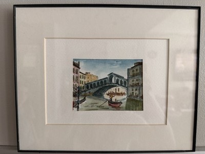 Signed Handmade Watercolor Drawing of Venice Rialto Bridge Framed & Matted