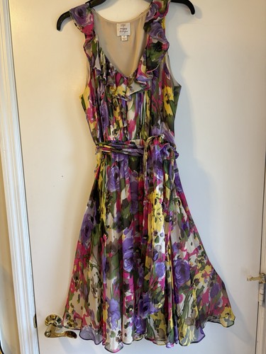 Suzi Chin Watercolor Floral Belted DRESS Sheer 100% Silk Lined Ruffle VNeck Sz10
