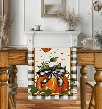 Pumpkin Bow Buffalo Plaid Fall Table Runner,Autumn Thanksgiving Home Party De...