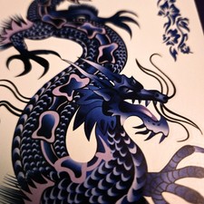 LONG LASTING 6" Temporary Chinese Dragon Tattoo. Black, Blue, Purple.