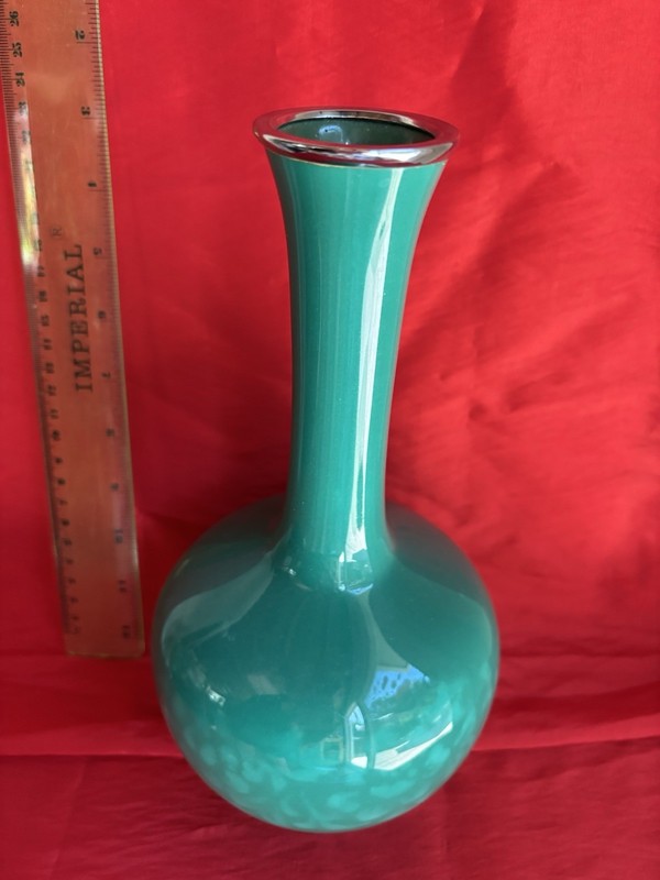 INABA SHICHIHO JAPANESE CLOISONNE GREEN ENAMEL W/SILVER TRIM VASE-10" TALL