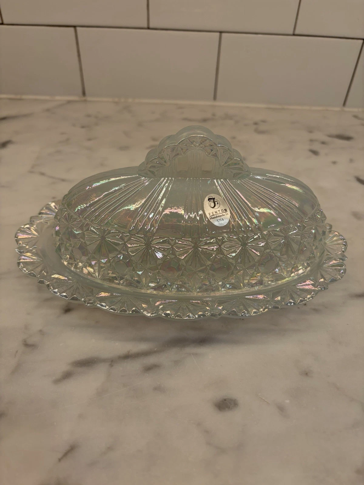 NEW/STICKER - FENTON BUTTER DISH - IRIDESCENT - CROWN TOP DESIGN - ELEGANT STYLE