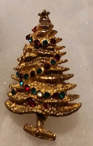 Christmas Tree Pin Brooch Brushed Gold Tone Red Green Rhinestones (#15) Vintage - 第 2/7 張圖片