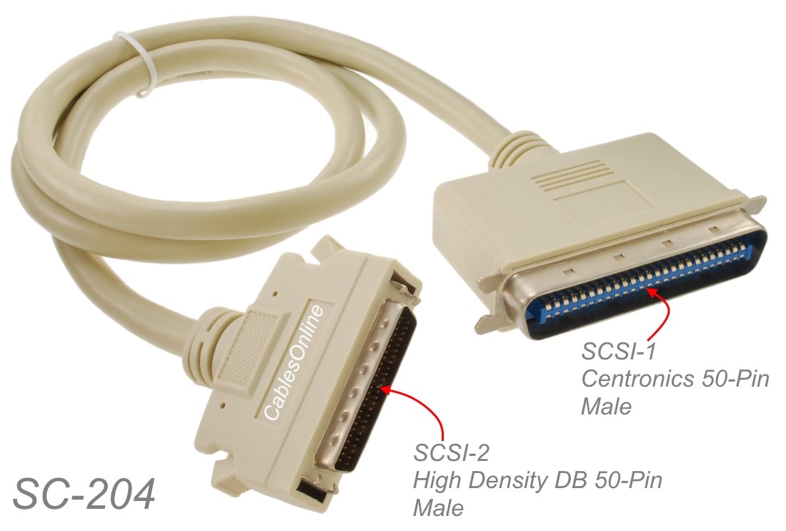 Câble SCSI 2 Mètres - Mâle SCSI-I Vers Mâle SCSI-II - Avec Clips De Fixation