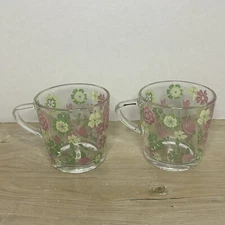 IKEA Set Of 2 Ideel Glass Mugs Green & Pink Floral Coffee Cups France Retired