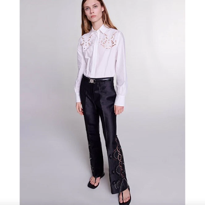 Pantalones Maje Plint Talla 36/4 EE. UU., Negro Ojales Elástico Acampanado Remaches Lino Nuevos con Etiquetas