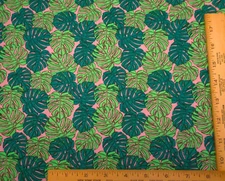 Quilt Fabric By Yard SALE Lt Green Dk Teal Tropical Leaves on Pink Cotton Vtg #C