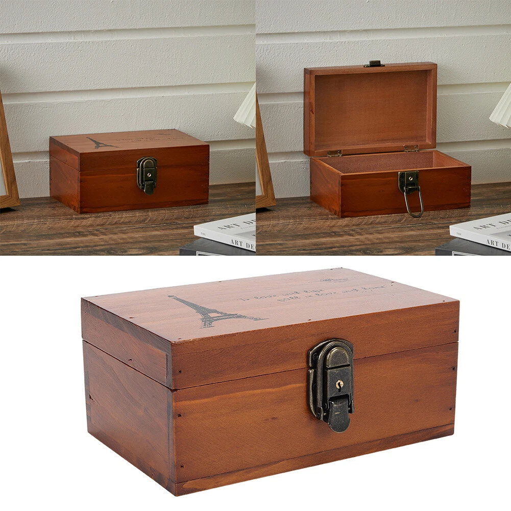 Wooden Treasure Chest Lockable Organizer Vintage Decorative Storage Box With Key