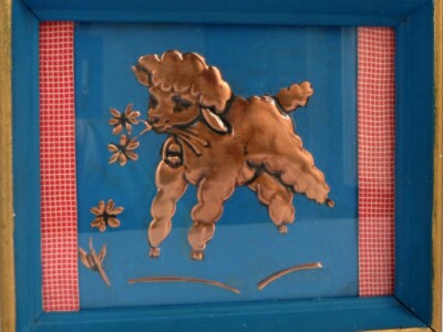 Vintage Copper Relief in Frame Lamb, Flowers Red Gingham Blue Easter Nursery