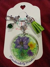 Floral Real Pressed Flowers Keychain Acrylic Resin glitter with tassel and clip