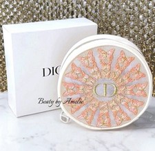Dior Butterfly Embroidered Round Vanity Cosmetic Case White Pink Gold 6x6x2 NIB 