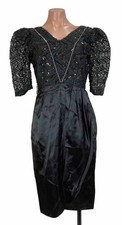 VTG 80s Black Sequin Rhinestone Evening Dress Formal Prom Puffy Sleeve Satin 8