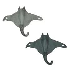 Scratch & Dent Set of 2 Cast Iron Stingray Wall Hooks Blue Gray 6.25 Inches Long