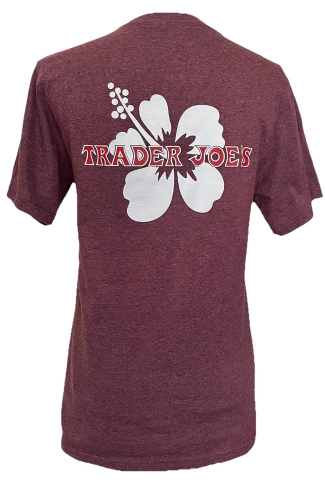 TRADER JOE’S Tshirt Small Plum Purple W/ White Hibiscus Flower Soft Cotton Blend - Image 2 of 4