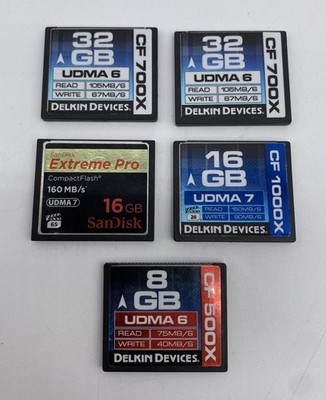 Lot of 5 CompactFlash CF Memory Cards 104GB Total Delkin SanDisk Extreme Pro 32G